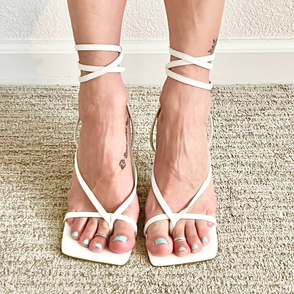 Women's 8 (US) White Vegan Leather Square Toe Ankle Wrap Strappy Stiletto Heels - Picture 2 of 7